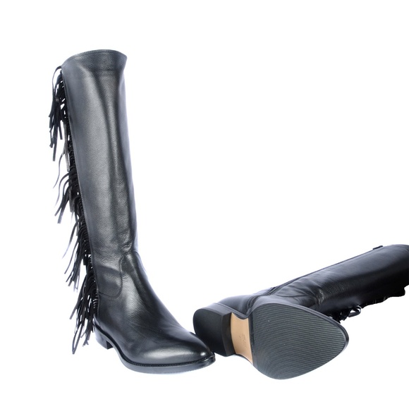 Le Pepe Blk Leather knee high Boots with Fringes - Picture 5 of 5